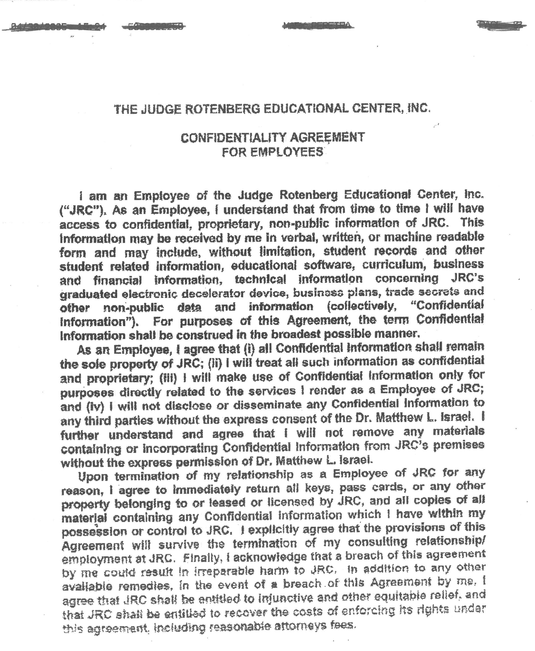 The Judge Rotenberg Educational Center, Inc. Confidentiality Agreement for Employees