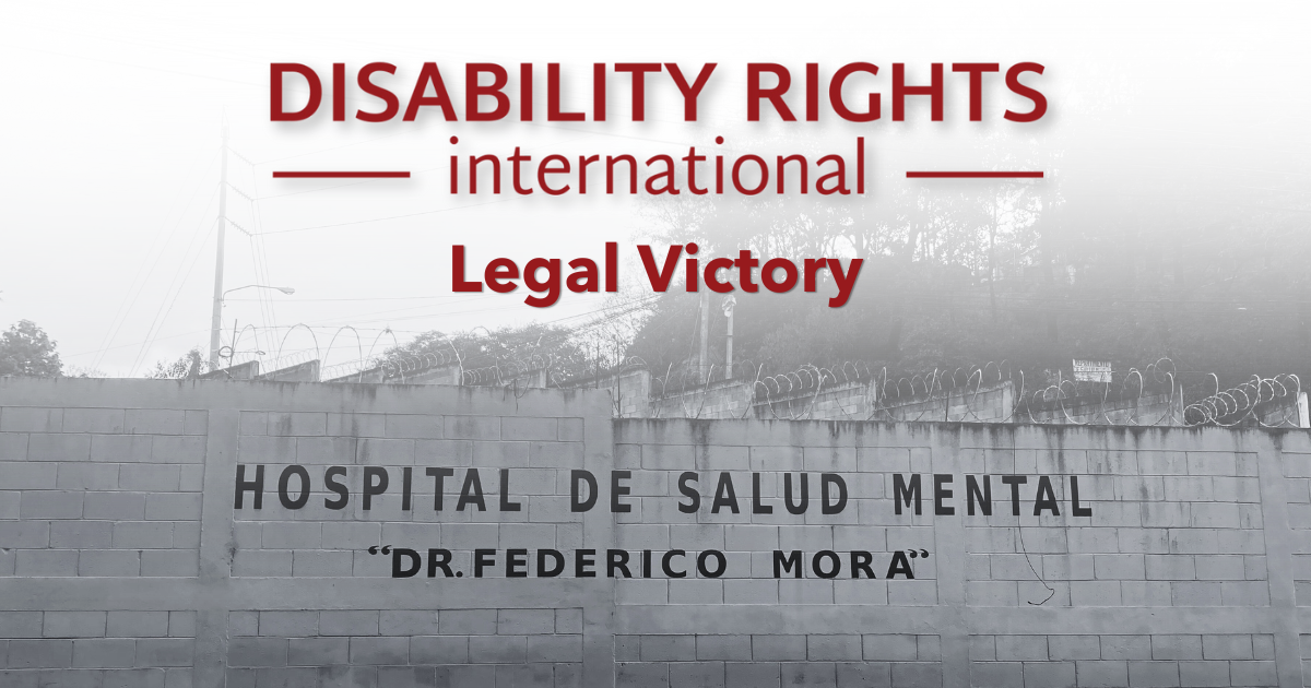 black and white photo of Federico Mora Institution. Text overlay "Legal Victory" and DRI logo
