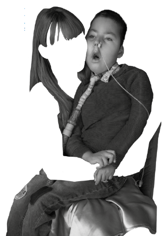 black and white image of a woman with her arms wrapped around a boy who is sitting on her lap. The woman's face and arms are cut out of the photo so only her hair and clothes can be seen