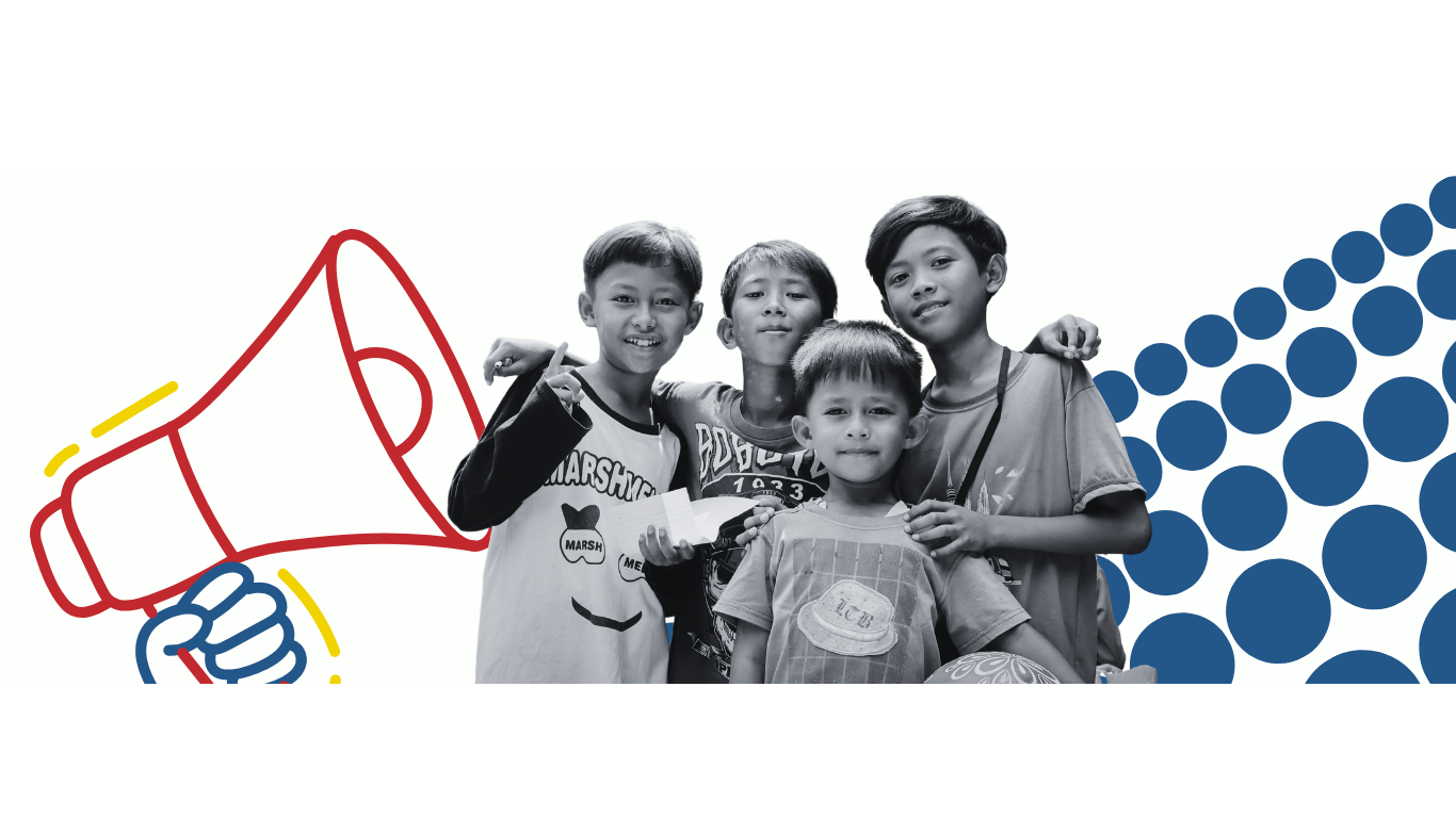 a graphic of red megaphone behind a black and white image of children standing arm in arm smiling