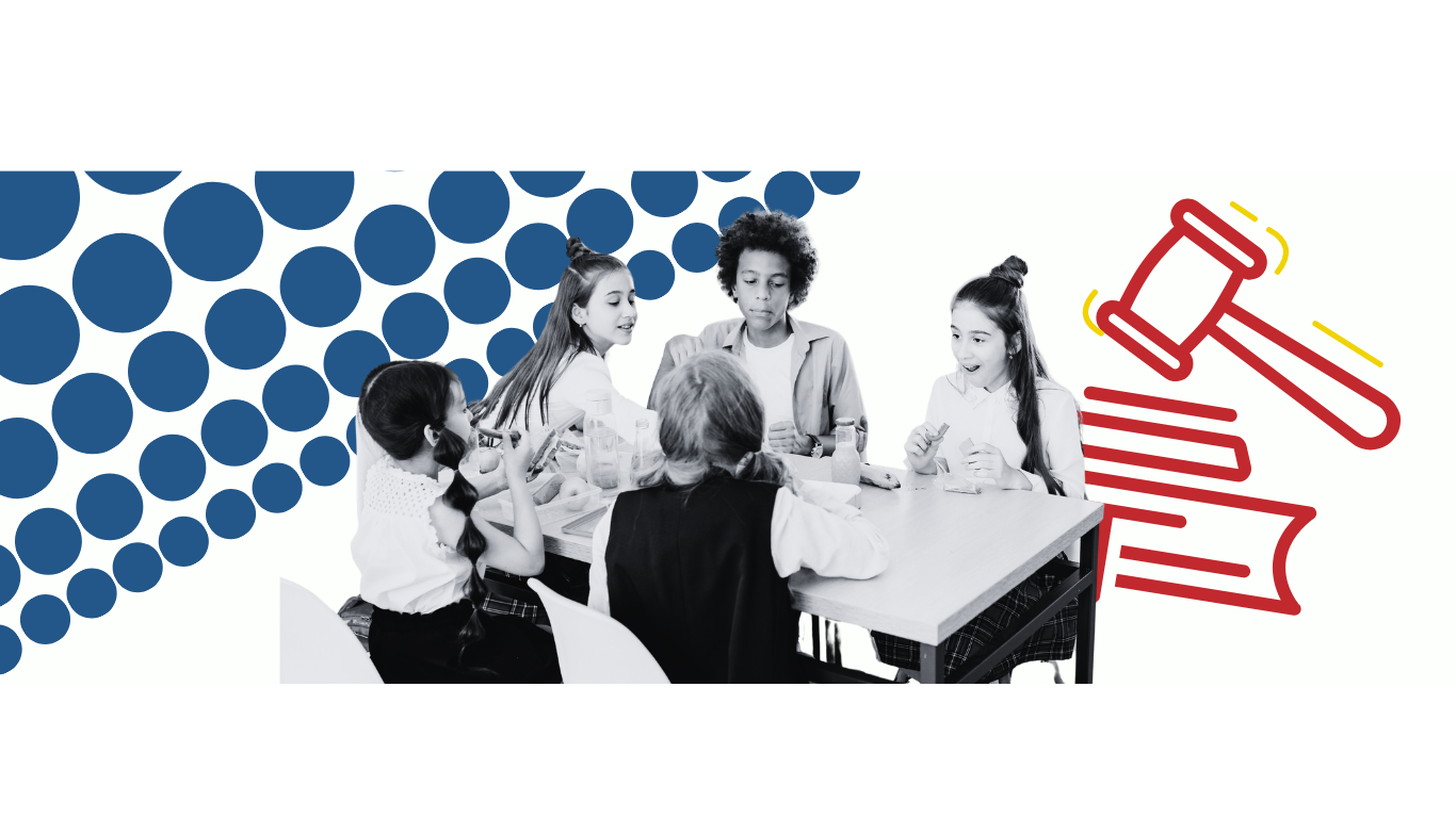 red graphic of gavel on stack of books behind black and white image of children sitting around a desk together