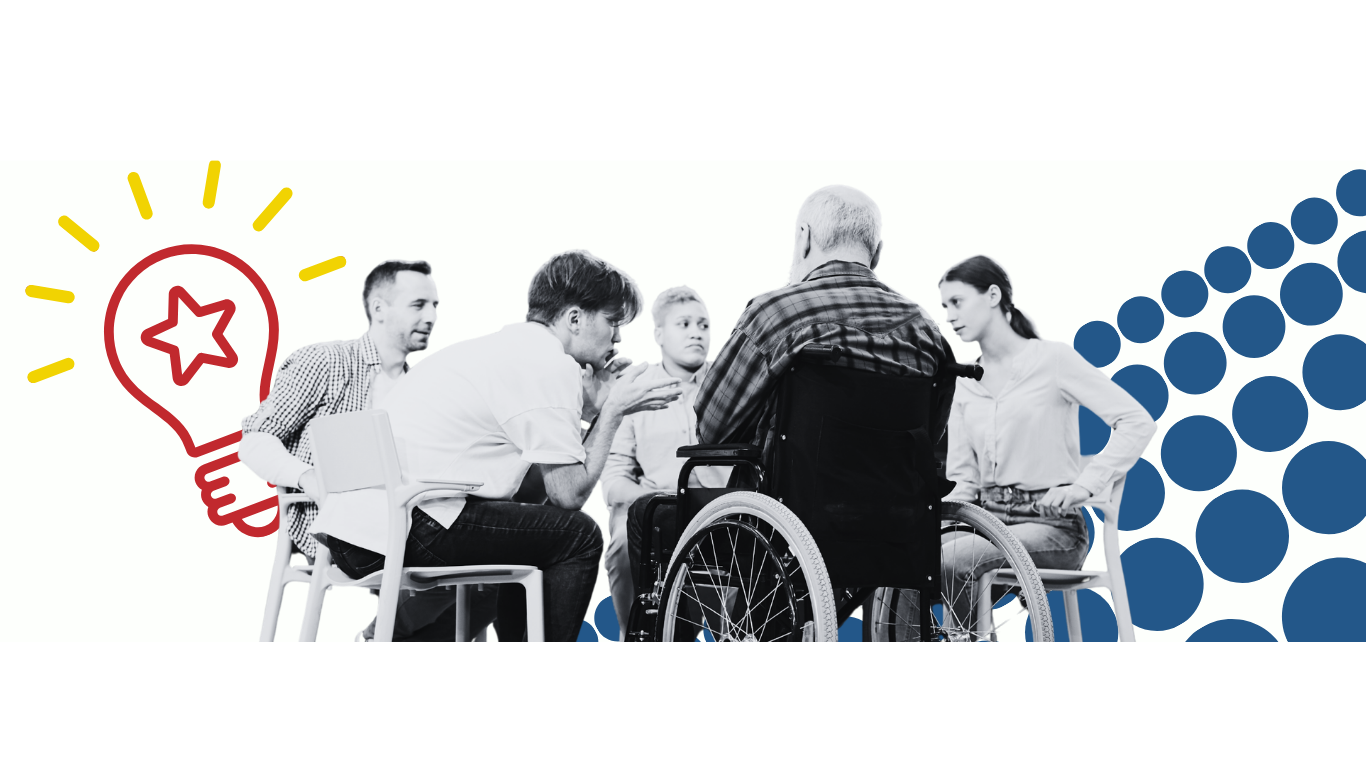 red graphic of lightbulb behind black and white image of people sitting in a circle discussing something, one of them is in a wheelchair