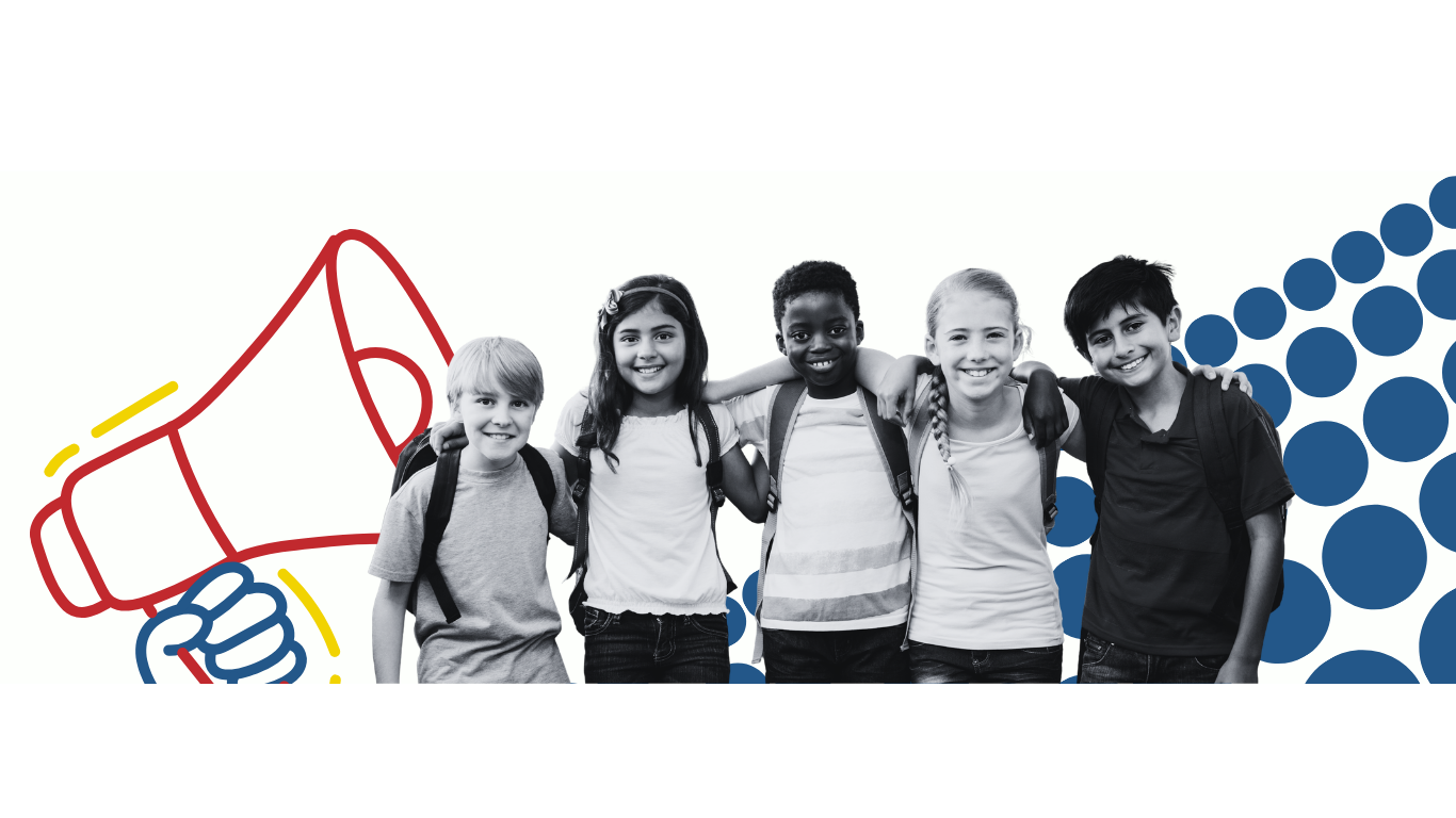 a graphic of a megaphone behind a group of children standing arm in arm