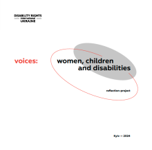 design of overlapping circles with the title 'voices: women, children and disabilities" and the logo for disability rights international ukraine